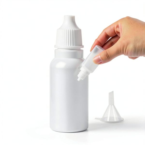 5 PCS (4 Bottles + 1 Funnel) 15ml (0.5oz) Small Plastic Dropper Bottles - Empty, White Eye Liquid Dropper Bottles, Squeezable & Portable Travel Containers for Eye Drops, Refillable with Cap and Plug-2